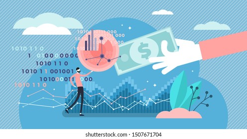 Selling Data Vector Illustration. Flat Tiny Information Purchase Persons Concept. Business Commerce With Coding Systems And Consumer Identity Buying. Digital Company Economical Diagrams And Charts.