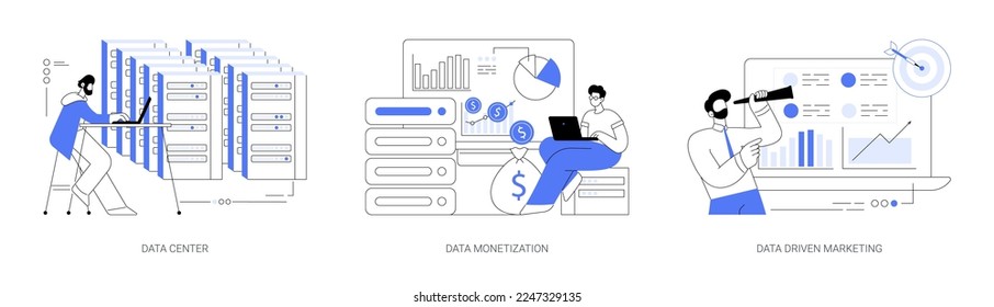 Selling database abstract concept vector illustration set. Data center, remote storage, information monetization, data-driven marketing strategy, customer information, campaign abstract metaphor.