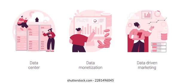 Selling database abstract concept vector illustration set. Data center, remote storage, information monetization, data-driven marketing strategy, customer information, campaign abstract metaphor.