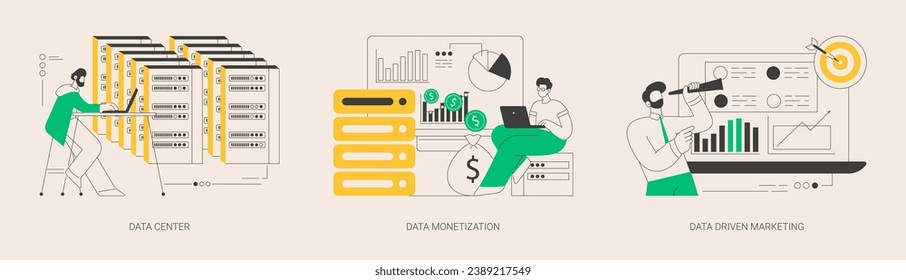 Selling database abstract concept vector illustration set. Data center, remote storage, information monetization, data-driven marketing strategy, customer information, campaign abstract metaphor.