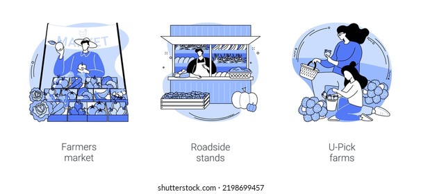 Selling farm products isolated cartoon vector illustrations set. Farmer selling organic vegetables on market, roadside stand, homegrown fruit, Happy family buying at U-Pick farm vector cartoon.