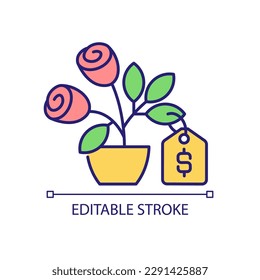 Selling flower RGB color icon. Blossoming plant. Commercial gardening. Horticultural practice. Isolated vector illustration. Simple filled line drawing. Editable stroke. Arial font used