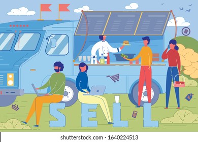 Selling Food from Burger Truck Word Concept Banner. Street Fast Food Clients Buying Snacks Cartoon Characters. Small Business Idea. Equipped Vehicle, Van for Cooking and Selling Sandwiches