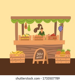 Selling of fresh fruits in the market, woman standing at market stall, retail sales of fresh homemade and tropical agricultural products. Cartoon flat style vector illustration