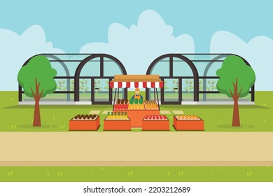 Selling fruit in front of Greenhouse 2d flat vector illustration concept for banner, website, illustration, landing page, flyer, etc.