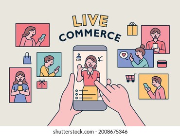 Selling goods on mobile screen and hand is touching the screen. People are shopping around with their smartphones. flat design style minimal vector illustration.