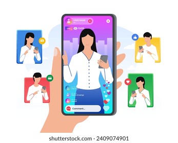 Selling goods on mobile screen using Social media commerce. People are shopping around with their smartphones using social commerce. Vector illustration.