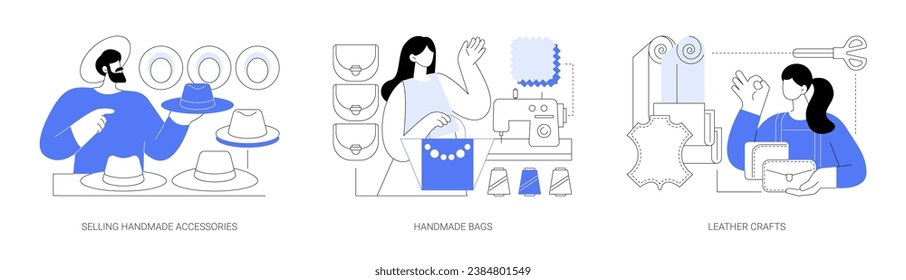 Selling handmade accessories isolated cartoon vector illustrations set. Hat designer create new collection, handcraft bag store, small fashion business, exclusive leather crafts vector cartoon.