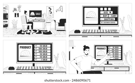 Selling hats in online store black and white line illustration set. Caucasian men ordering clothes on internet 2D characters monochrome background. E commerce outline scene vector image collection