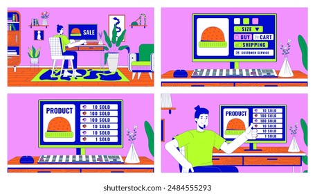 Selling hats in online store cartoon flat illustration set. Caucasian men ordering clothes on internet 2D line characters colorful background. E commerce scene vector storytelling image collection