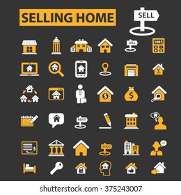 selling home, real estate, agent, agency, buildings icons
