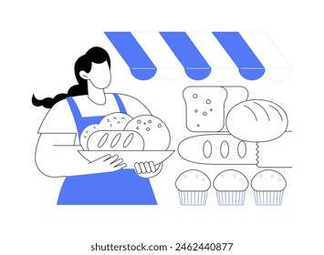 Venta de pan casero aislado Ilustraciones vectoriales de dibujos animados. Mujer vendiendo panadería fresca, magdalenas y magdalenas caseras, pan delicioso, Pequeño negocio, caricatura de Vector de ingresos personales.