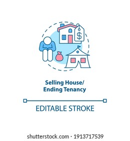 Selling house, ending tenancy concept icon. Financial crisis. Debtor difficulty. Eviction notice. Bankruptcy idea thin line illustration. Vector isolated outline RGB color drawing. Editable stroke