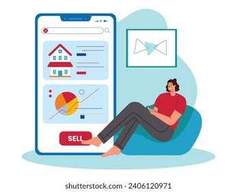 Selling a house at a high price on an online website for investment, vector illustration.