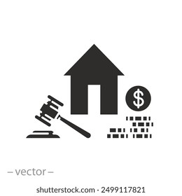 selling house icon, auction estate, legal property, real offer with bid, flat vector illustration