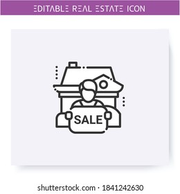 Selling house line icon.Man sells own home.Modern cottage for sale by owner.Real estate agency,housing business concept. Lease home and housing amenities. Isolated vector illustration. Editable stroke