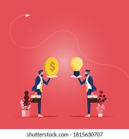 Selling the idea, Businessman holding light bulb and other offers money, partnership cooperation exchange of idea knowledge and money