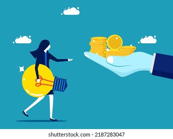 Selling ideas. Businesswoman holding a light bulb. vector. business concept illustration