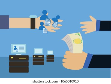 Selling of Information to Businesses or  Data Mining for Precise Ad Targeting. Editable Clip Art. 