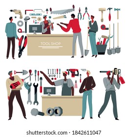 Selling instrument in tool store, seller consulting customers. Purchasing professional kit for workers. Hammers and jigsaw, screwdriver and carpentry toolbox in assortment. Vector in flat style