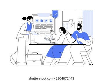 Selling insurance abstract concept vector illustration. Licensed agent sells peer to peer insurance to couple, showing document, business industry, company representative abstract metaphor.