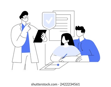 Selling insurance isolated cartoon vector illustrations. Professional agent selling health insurance to young couple, business people, legal service, sign a document vector cartoon.