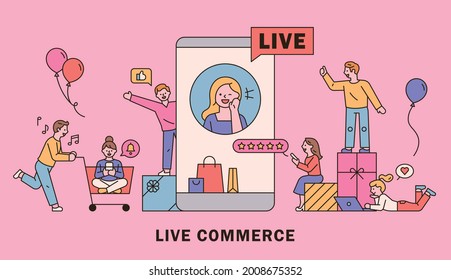 Selling items on the mobile screen and people around you are making purchases. Promotional template. flat design style minimal vector illustration.