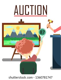 Selling Landscape Painting Lot on Auction Poster Vector Illustration. Shopping with Potential Buyers Making Higher Bids to Get Goods and Property, Auctioneer Announcing Prices with Gavel.