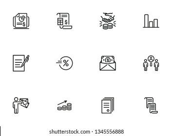 Selling line icon set. Invoice, bill, handshaking, cash. Business concept. Can be used for topics like finance, dealing, contract, partnership