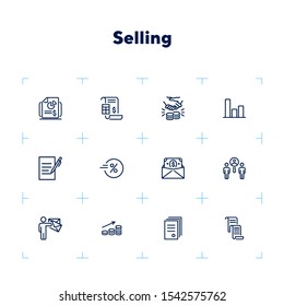 Selling line icon set. Invoice, bill, handshaking, cash. Business concept. Can be used for topics like finance, dealing, contract, partnership
