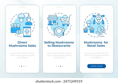 Selling mushrooms blue onboarding mobile app screen. Walkthrough 3 steps editable graphic instructions with linear concepts. UI, UX, GUI template