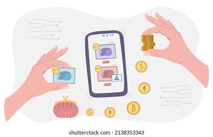 Selling NFT tokens for cryptocurrency. Buyer hand gives bitcoin, dollar, ethereum. Mobile phone with art store app. Vector Illustration for backgrounds and posters. Isolated on white background.