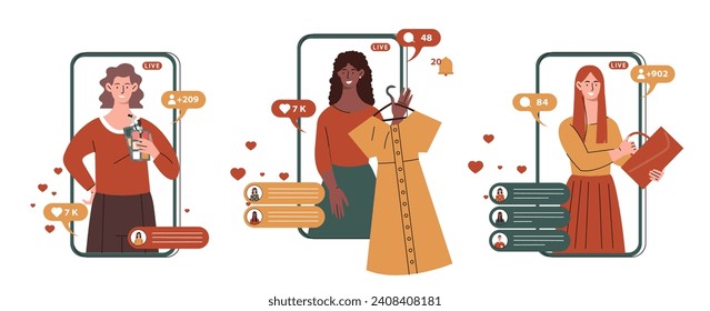 Selling on live stream set. Women at smartphone screen with clothes. Marketing and promotion of goods on internet, electronic commerce. Cartoon flat vector collection isolated on white background