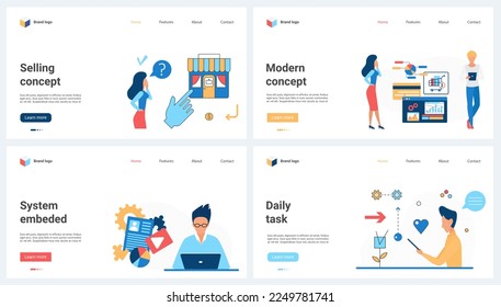 Selling online, market analysis set vector illustration. Cartoon tiny people work with cloud embedded system to solve daily tasks, analyze graphs and charts, click on icon of online store in phone