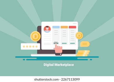 Selling packages and services on an online marketplace, customers buying packages from digital marketplace, making money from online services - flat design vector illustration with icons