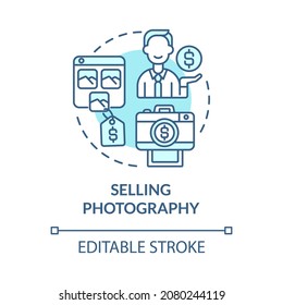 Selling photography blue concept icon. Making money online approach abstract idea thin line illustration. Selling photos online. Vector isolated outline color drawing. Editable stroke