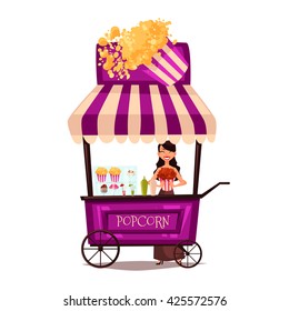 Selling popcorn on the street, comic cartoon vector illustration isolated on white background, seller sells popcorn on a mobile shop, selling fast food made from popcorn