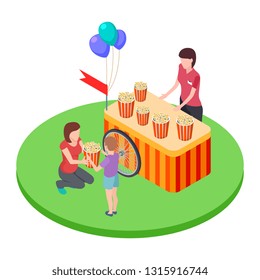 Selling popcorn in the park, a woman gives a boy popcorn basket isometric vector illustration