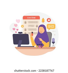 Selling product on live stream. Woman review or selling her product through live streaming. influencer marketing and live streaming e-commerce concept vector illustration