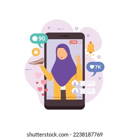 Selling product on live stream. Woman review or selling her product through live streaming. influencer marketing and live streaming e-commerce concept vector illustration