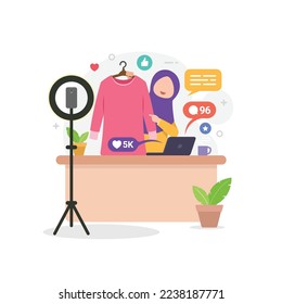 Selling product on live stream. Woman review or selling her product through live streaming. influencer marketing and live streaming e-commerce concept vector illustration