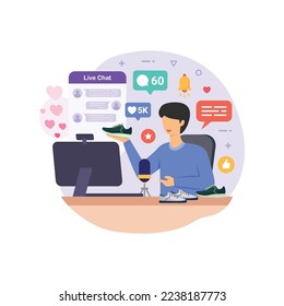 Selling product on live stream. Men review or selling her product through live streaming. influencer marketing and live streaming e-commerce concept vector illustration