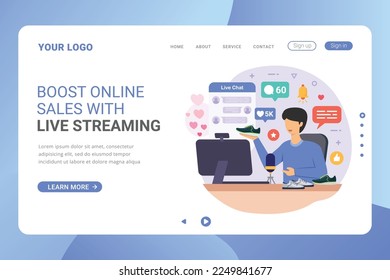 Selling product on live stream landing page template. Woman review or selling her product through live streaming