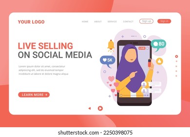 Selling product on live stream landing page template. Woman review or selling her product through live streaming