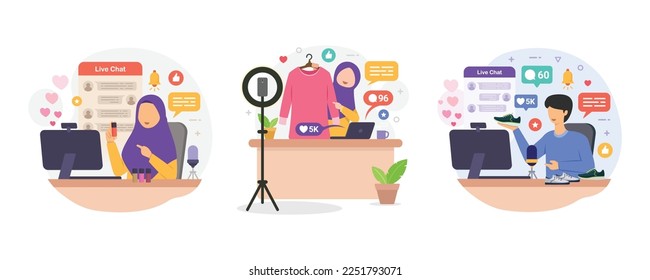 Selling product on live stream. Woman review or selling her product through live streaming design concept vector illustration.