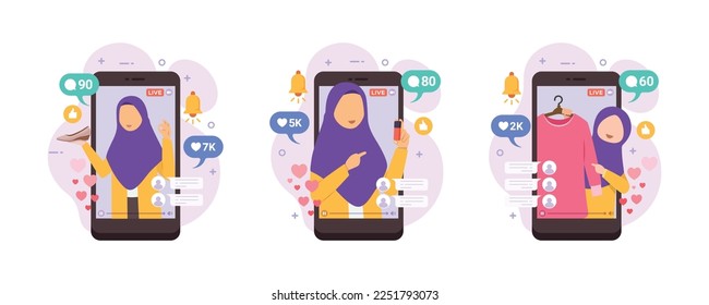 Selling product on live stream. Woman review or selling her product through live streaming design concept vector illustration.