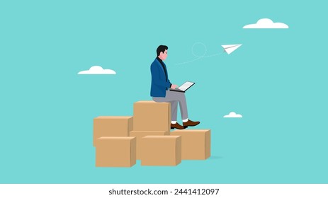 selling product online in e commerce or online shop, online web store business or internet shopping, businessman receiving order from computer while sitting with package box ready to send