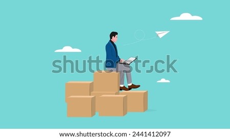 selling product online in e commerce or online shop, online web store business or internet shopping, businessman receiving order from computer while sitting with package box ready to send
