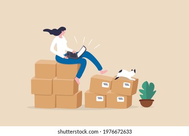 Selling product online, e-commerce or internet shopping, small business or entrepreneurship concept, success woman entrepreneur receive order from computer sitting with box parcel ready to ship.