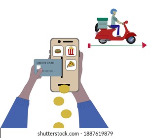 Selling products online, credit cards, selling products online, shopping via the Internet, Online shopping store on website and mobile phone design, Vector illustration. Delivery, parcel delivery
